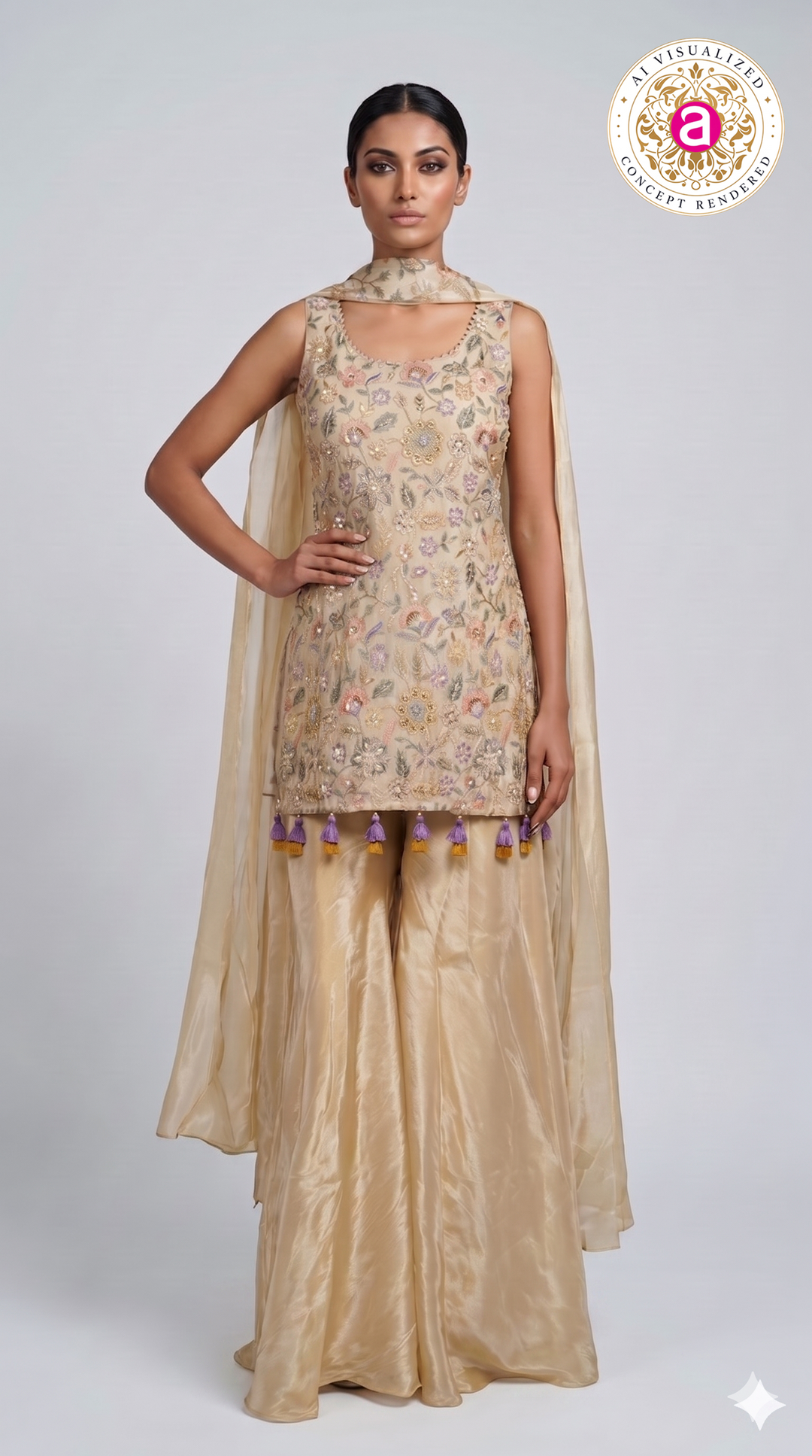 Ivory Floral Embroidered Kurta with Palazzo & Organza Dupatta Set