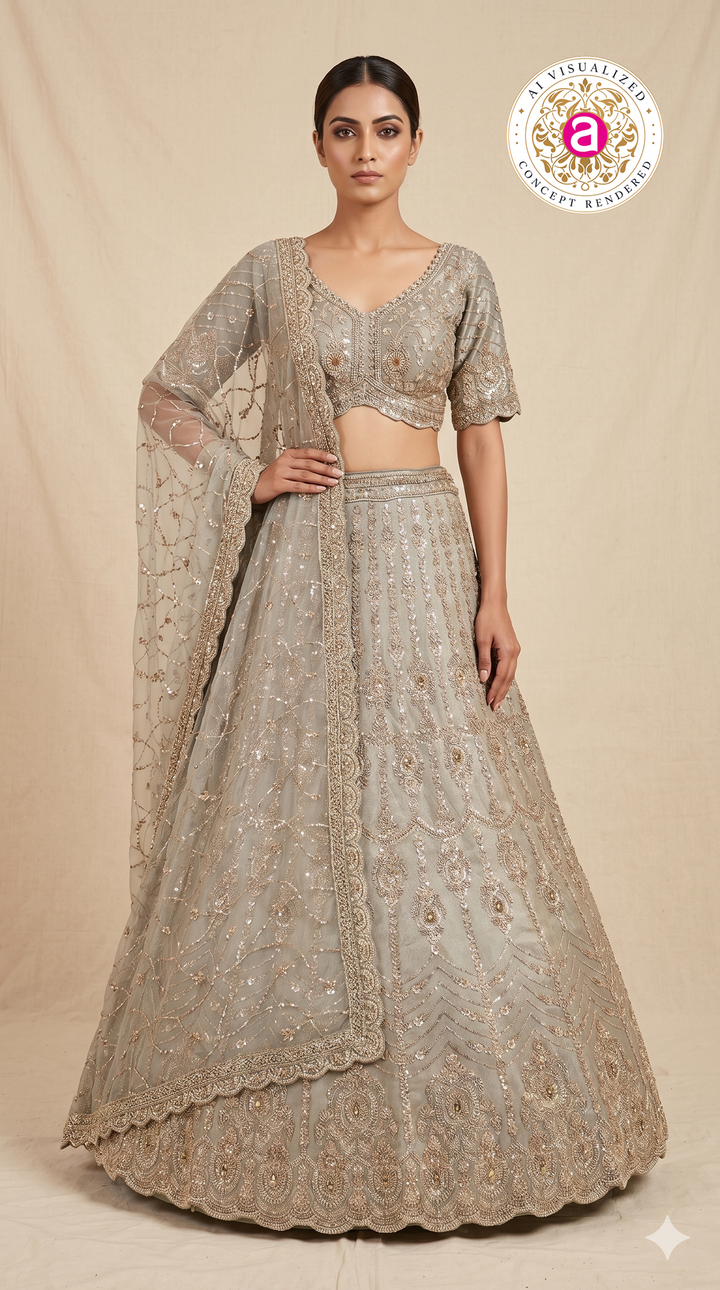 Champagne Beige Designer Lehenga Set with Sequin Embroidery & Embellished Net Dupatta