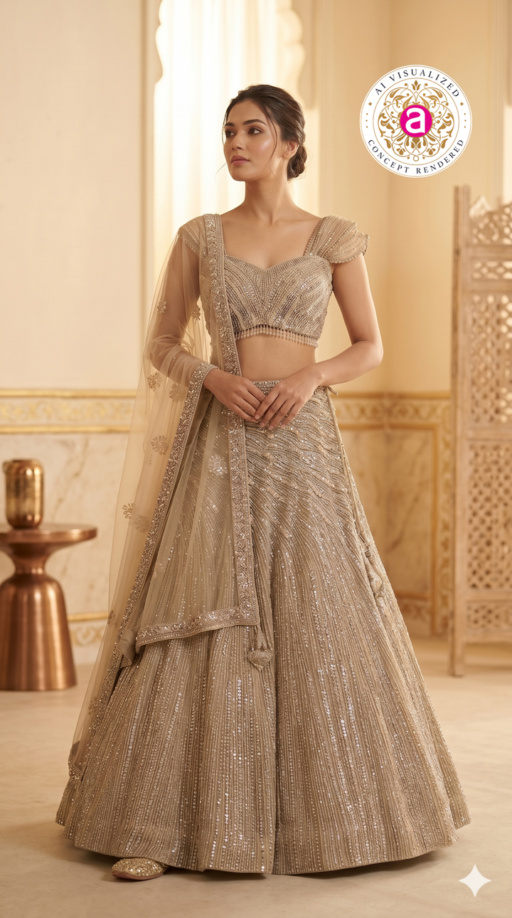 Champagne Gold Designer Lehenga Set with Embellished Blouse and Net Dupatta