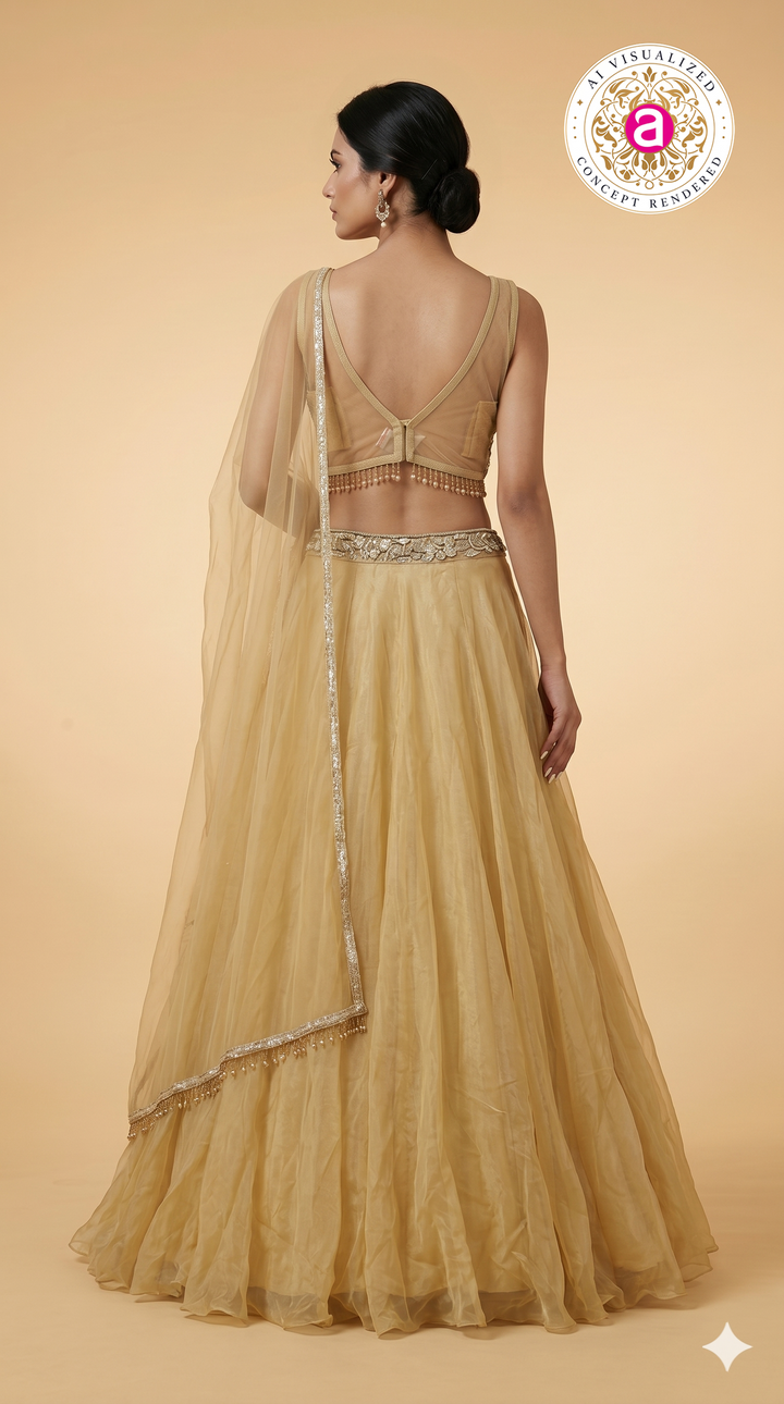 Champagne Gold Designer Lehenga Set with Embellished Blouse & Sheer Organza Dupatta