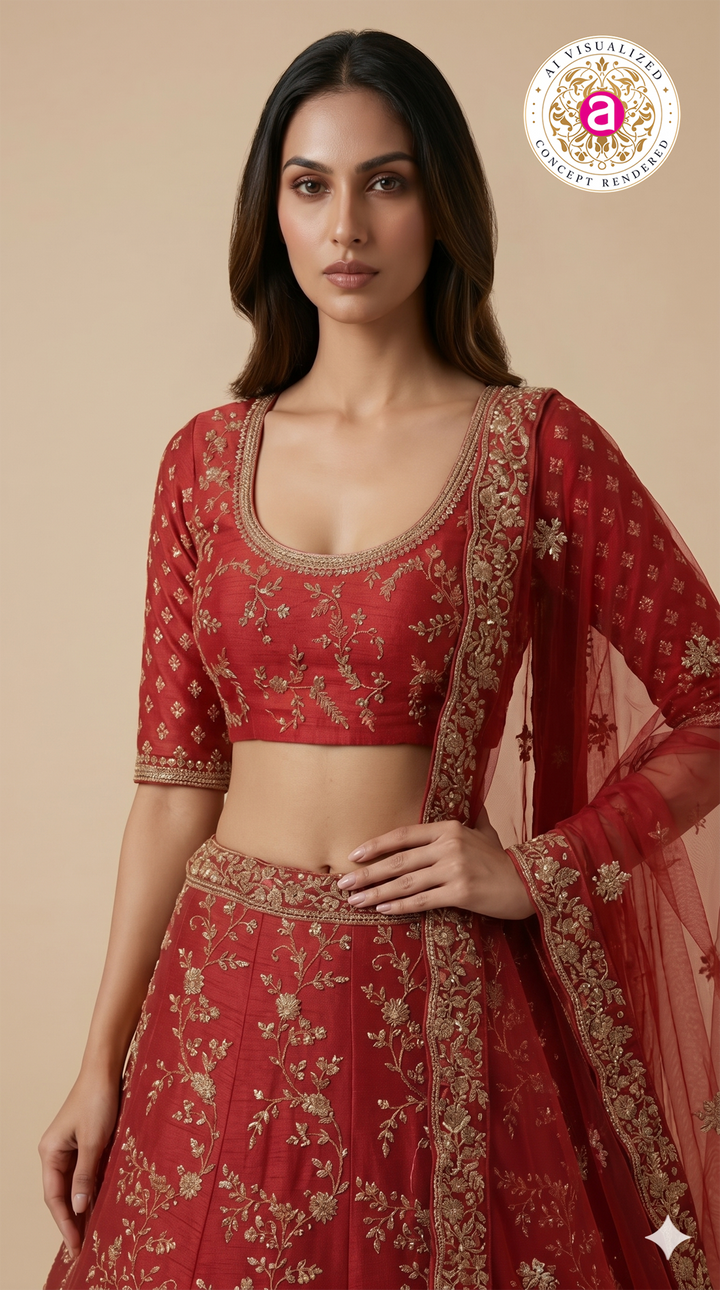 Ruby Red Designer Bridal Lehenga Set with Heavy Zari Embroidery & Net Dupatta