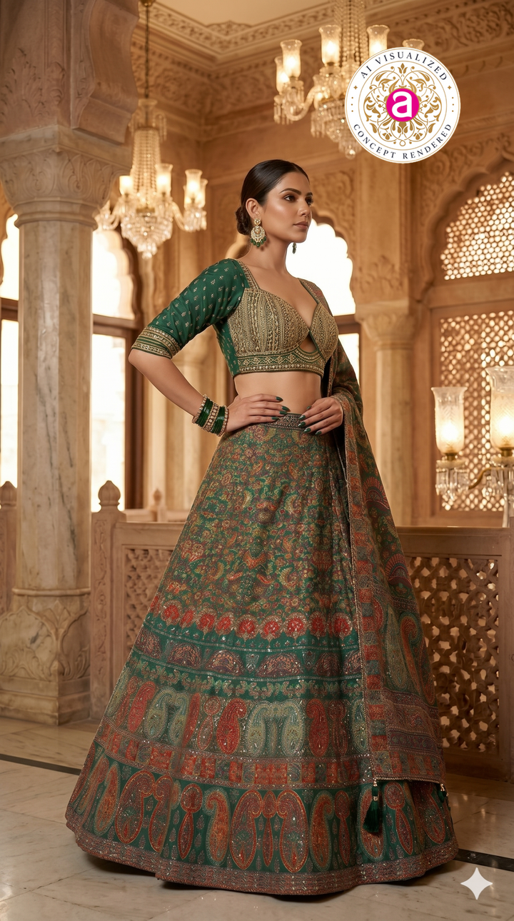 Emerald Green Paisley Printed Designer Lehenga Set with Embellished Blouse & Dupatta