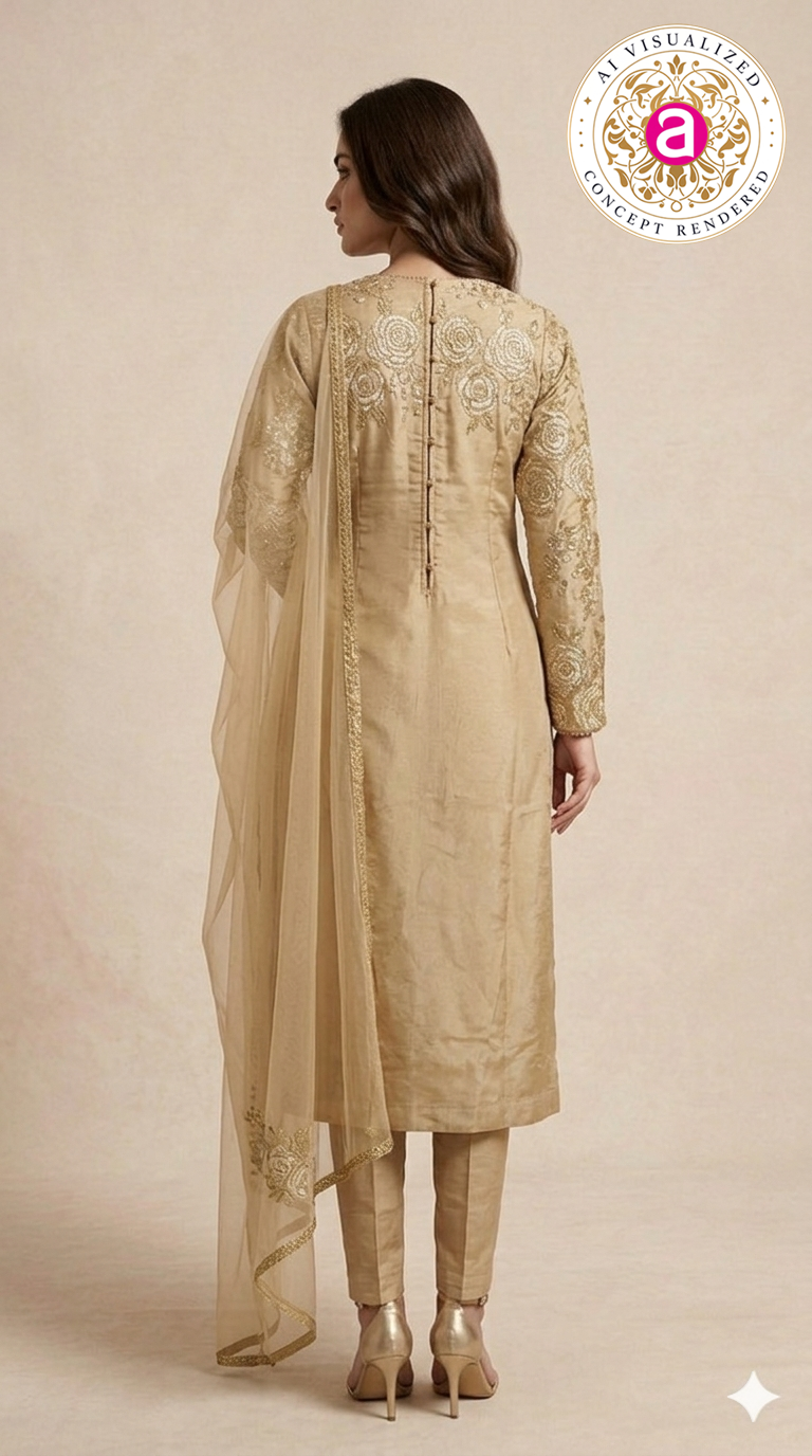 Champagne Beige Floral Embroidered Straight Kurta Set with Organza Dupatta