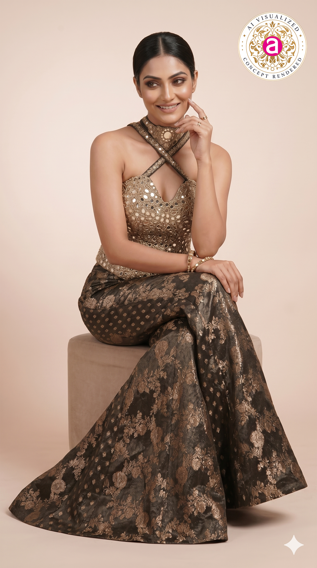 Black & Gold Embellished Indo-Western Co-Ord Set with Mirror Work Corset Top