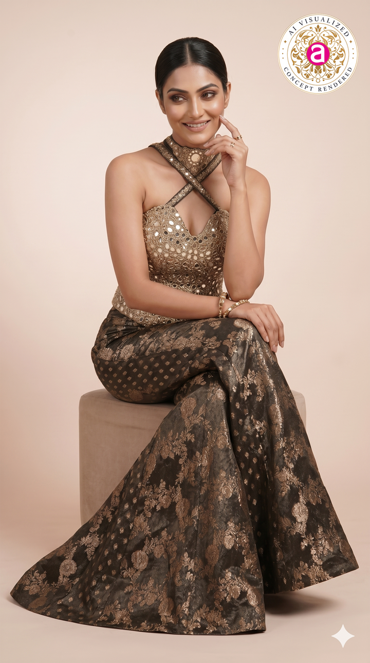 Black & Gold Embellished Indo-Western Co-Ord Set with Mirror Work Corset Top