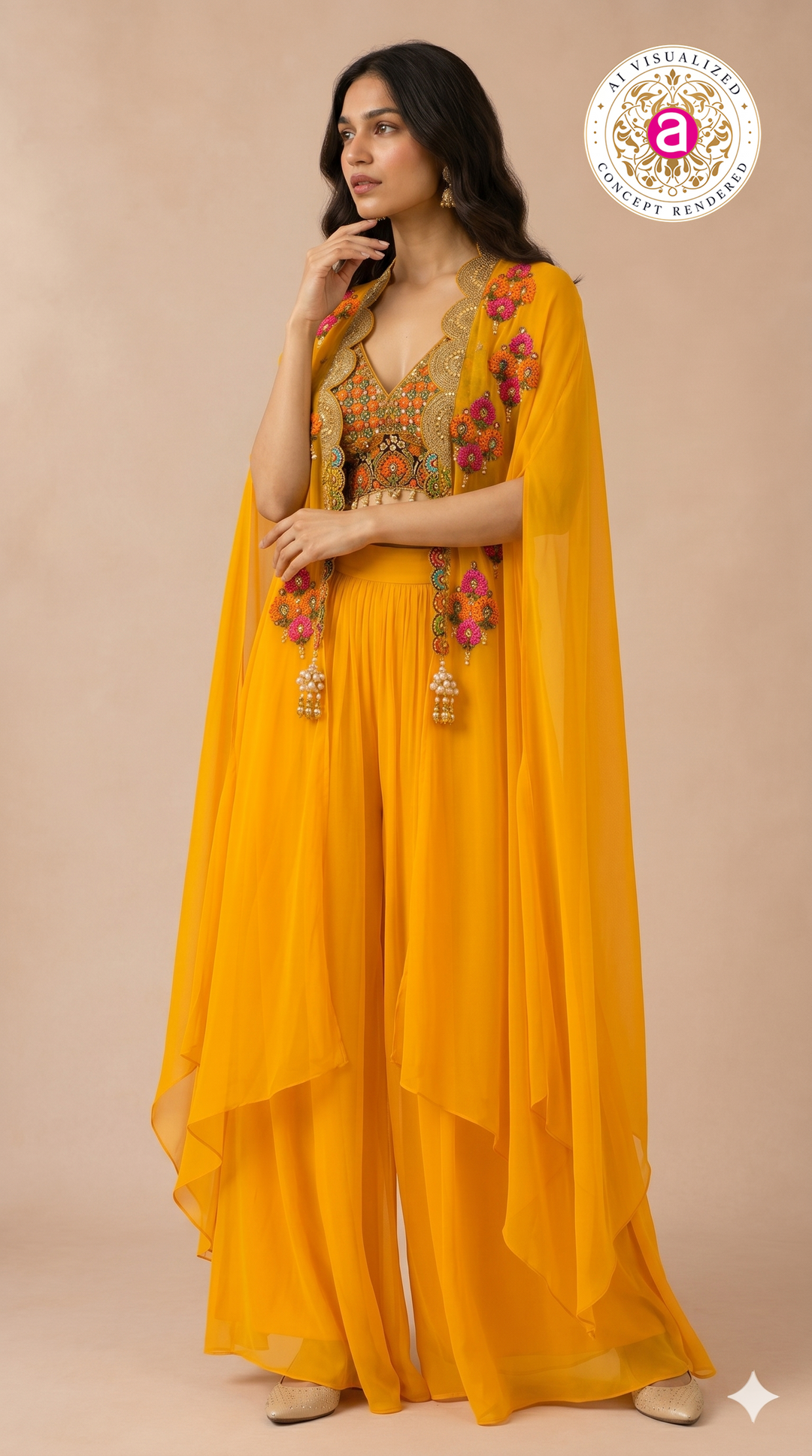 Sunshine Yellow Cape Palazzo Set with Multicolour Embroidered Blouse