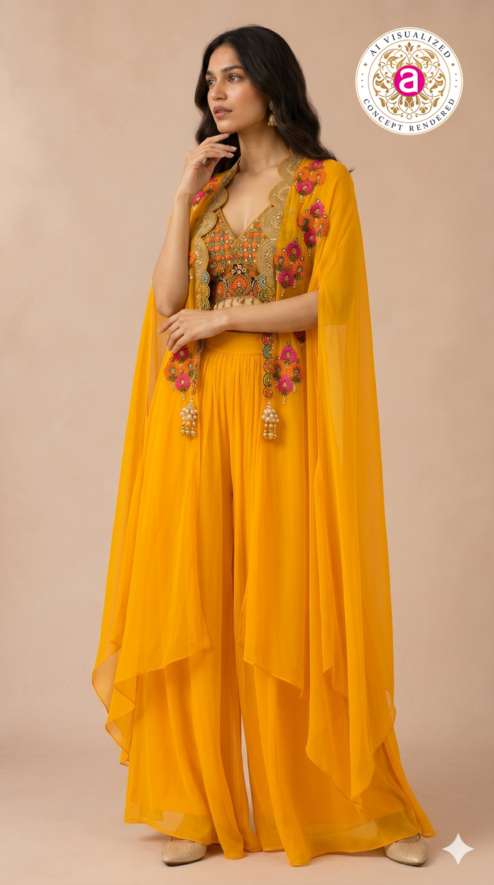 Sunshine Yellow Cape Palazzo Set with Multicolour Embroidered Blouse