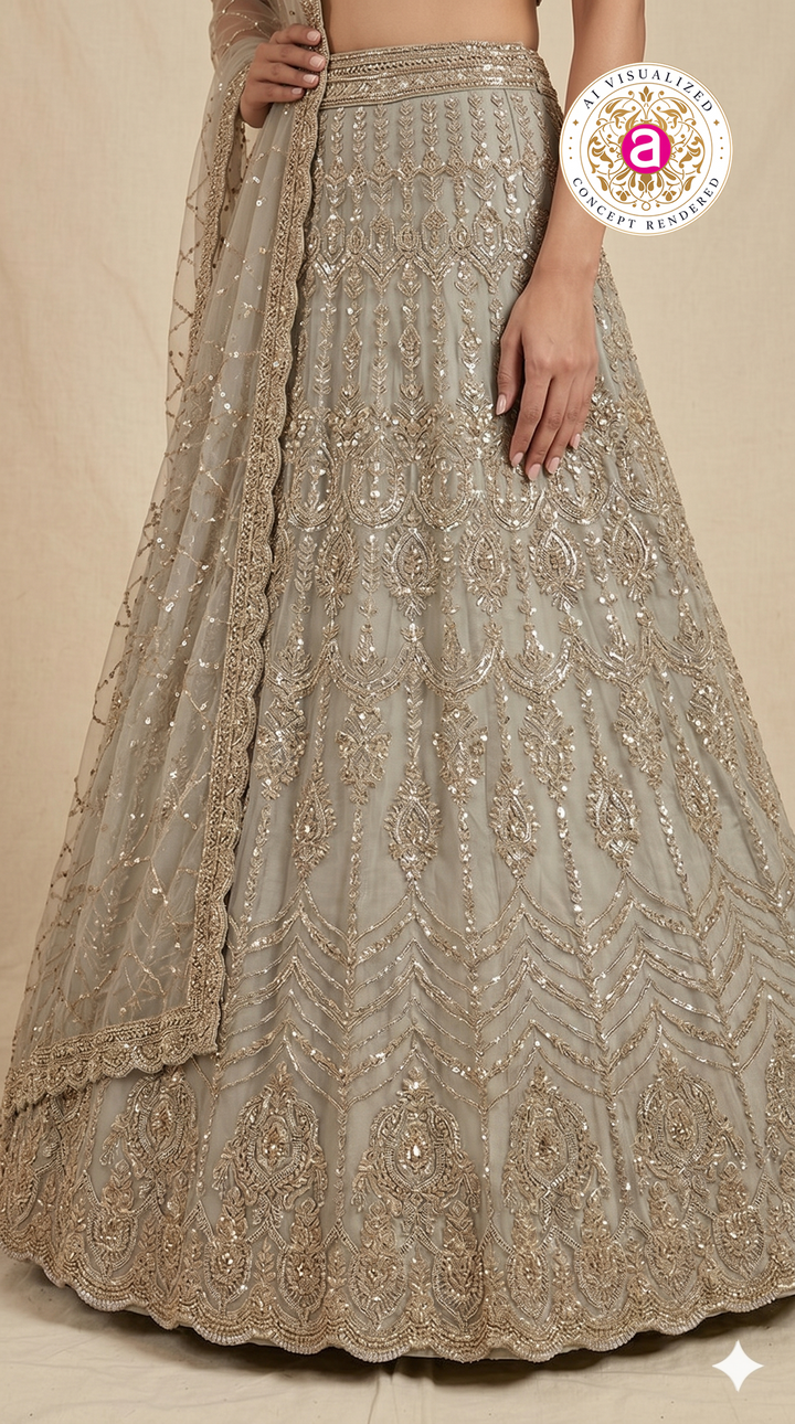 Champagne Beige Designer Lehenga Set with Sequin Embroidery & Embellished Net Dupatta