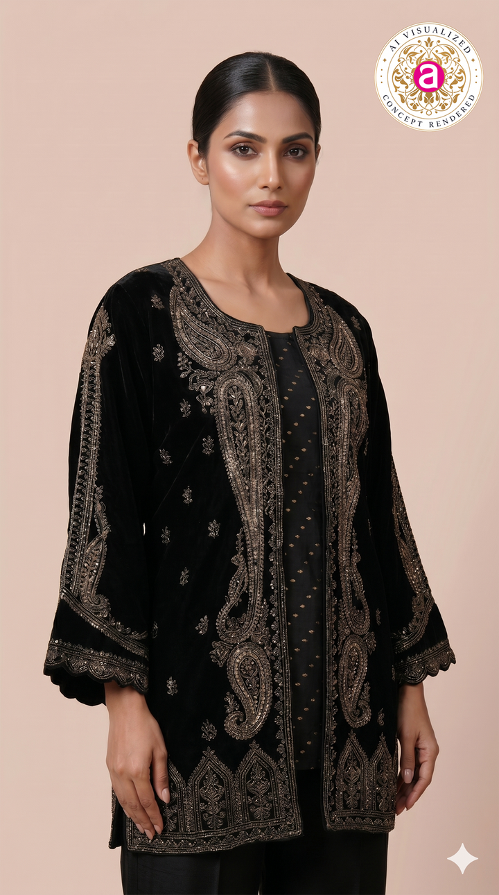 Midnight Black Embroidered Co-Ord Set with Jacket