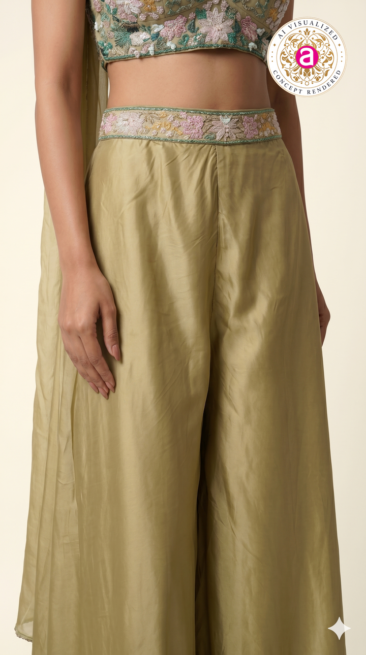 Sage Gold Embroidered Crop Top with Palazzo Pants & Cape Dupatta Set