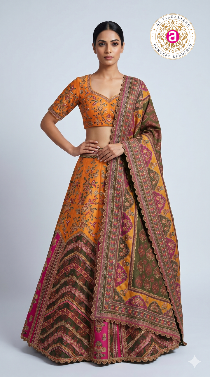 Rust Orange Printed Lehenga Choli with Traditional Border Dupatta