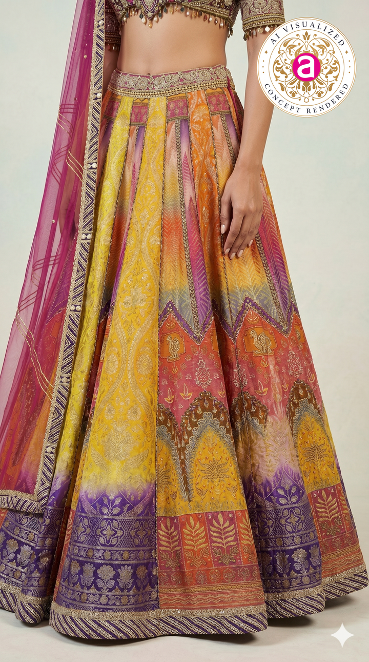 Multicolour Woven Designer Lehenga Choli with Heavy Embroidered Blouse & Pink Net Dupatta