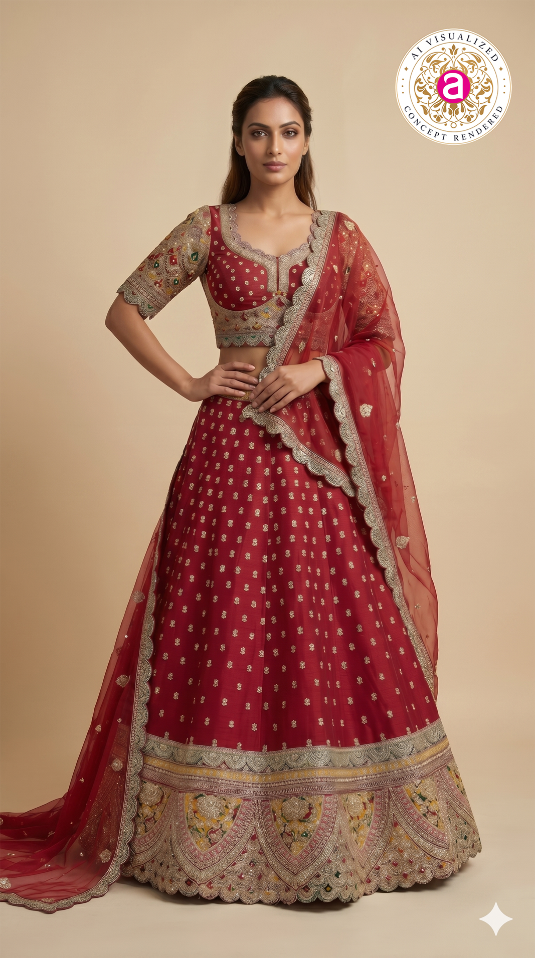 Ruby Red Bridal Lehenga Set with Heritage Embroidered Border & Designer Net Dupatta