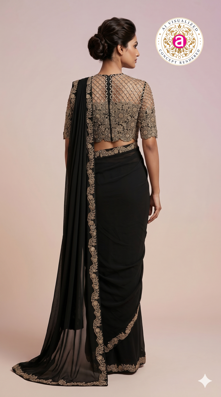 Black Designer Saree with Embroidered Blouse & Statement Border