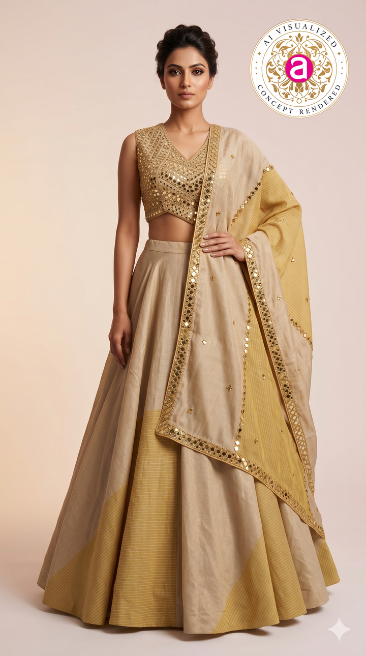 Elegant Beige & Gold Minimal Designer Lehenga Choli with Embellished Blouse & Dupatta