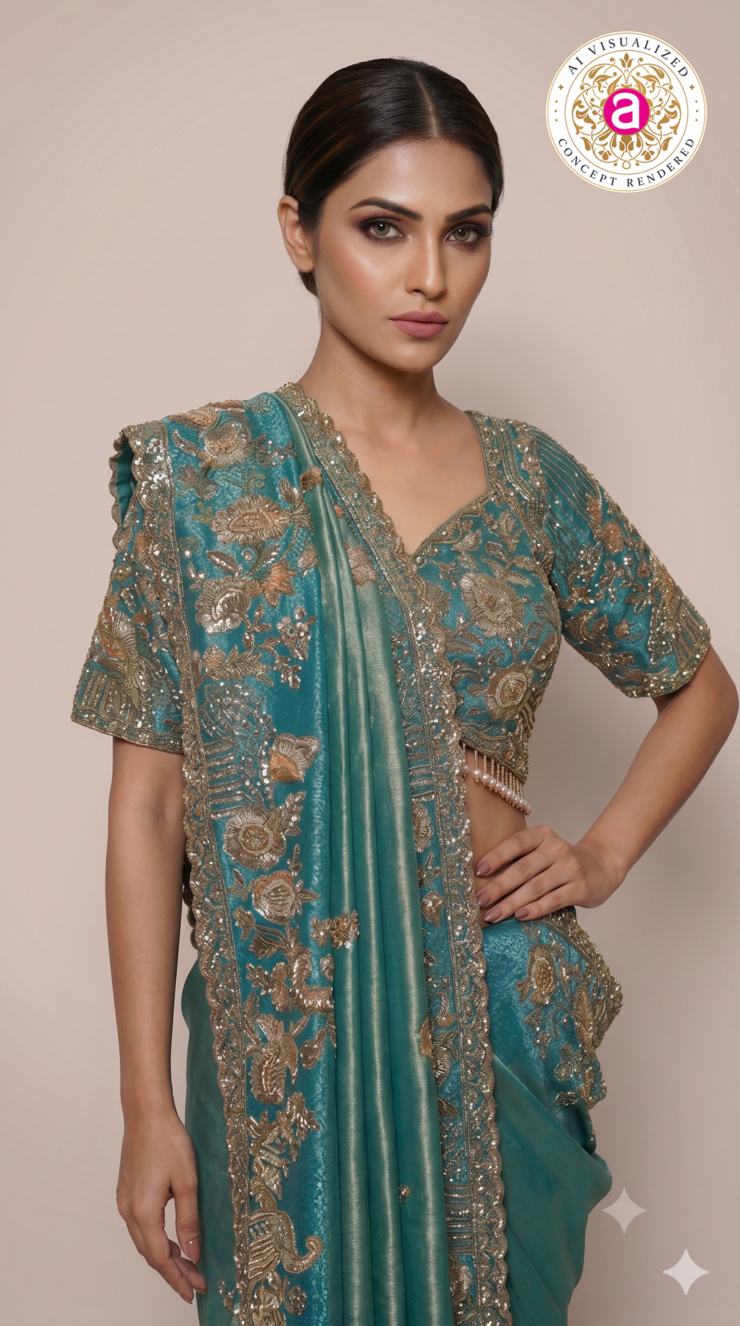 Teal Blue Designer Saree with Antique Gold Embroidered Blouse