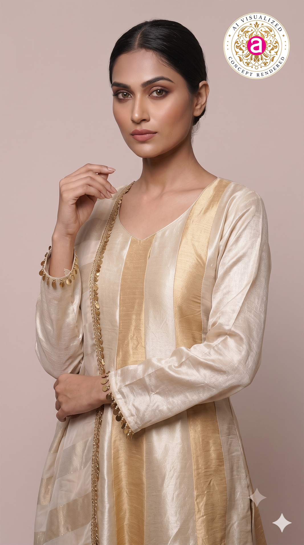 Champagne Gold Kurta Palazzo Set with Striped Dupatta