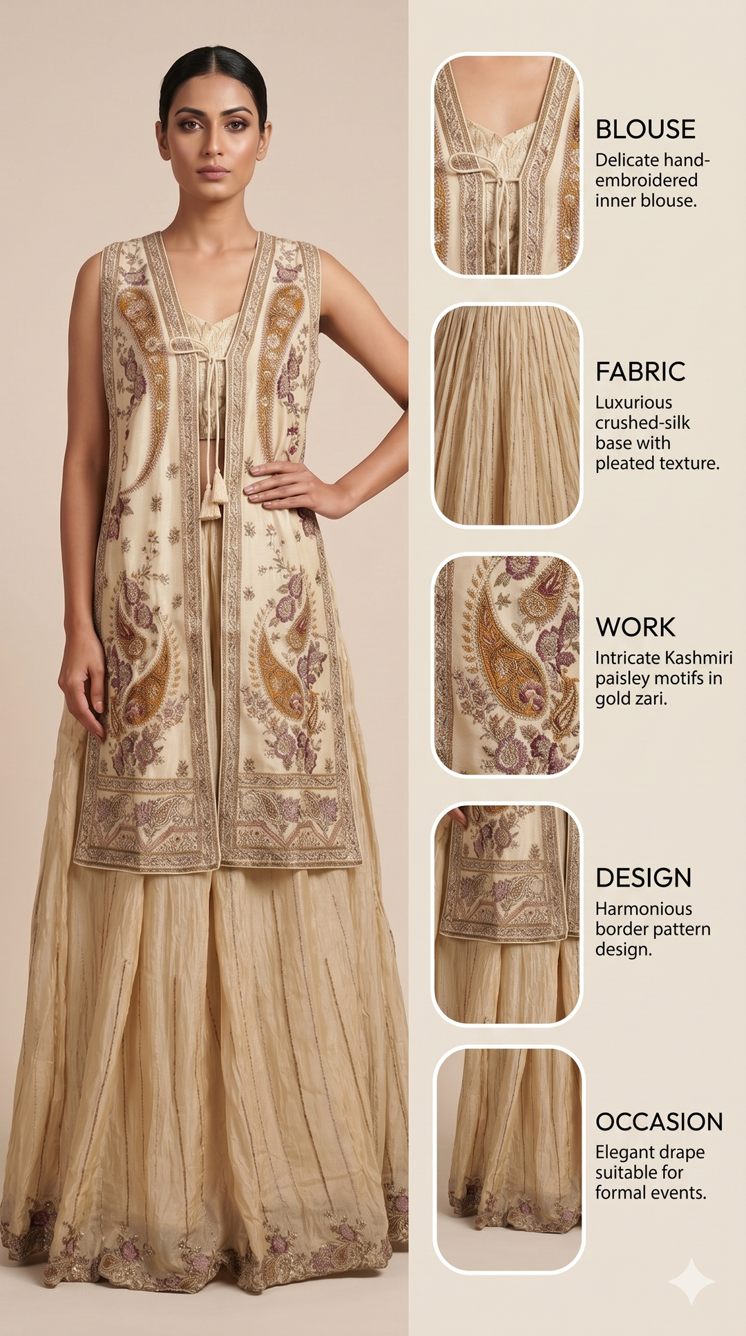 Champagne Embroidered Jacket Style Sharara Set with Crop Top