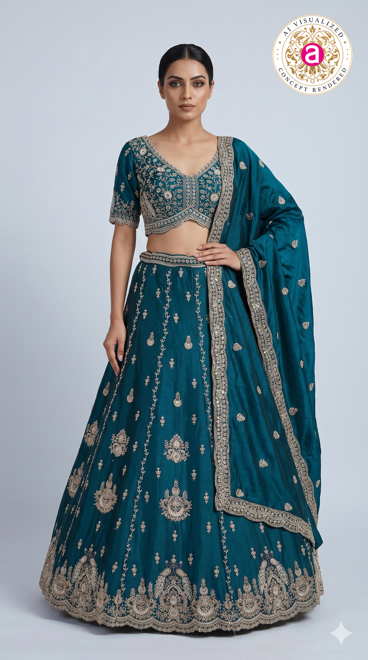 Teal Blue Designer Lehenga Set with Zari Embroidery & Regal Embellished Dupatta