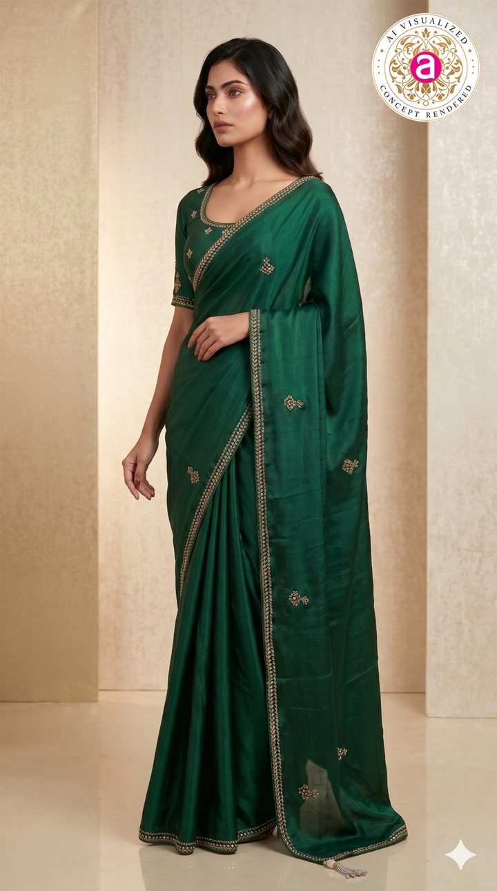 Emerald Green Hand-Embellished Designer Saree with Mirror Work Blouse