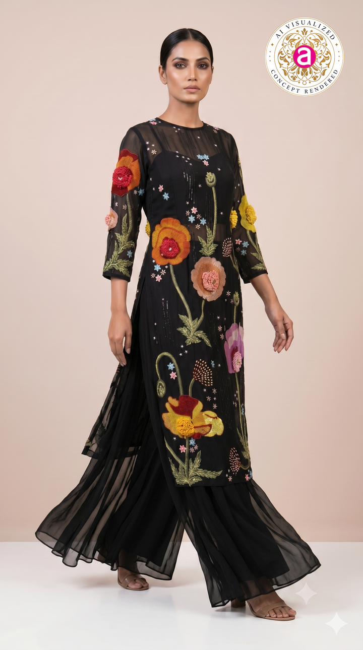 Black Floral Embroidered Kurta Set with Palazzo