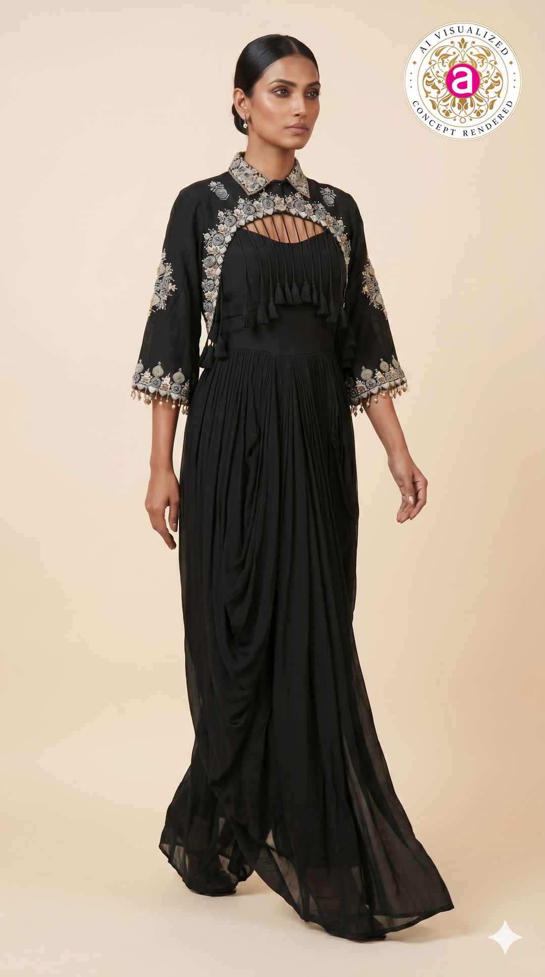 Midnight Black Embroidered Cape Style Draped Dress