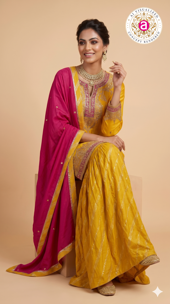 Mustard Yellow Embroidered Sharara Suit Set with Rani Pink Dupatta