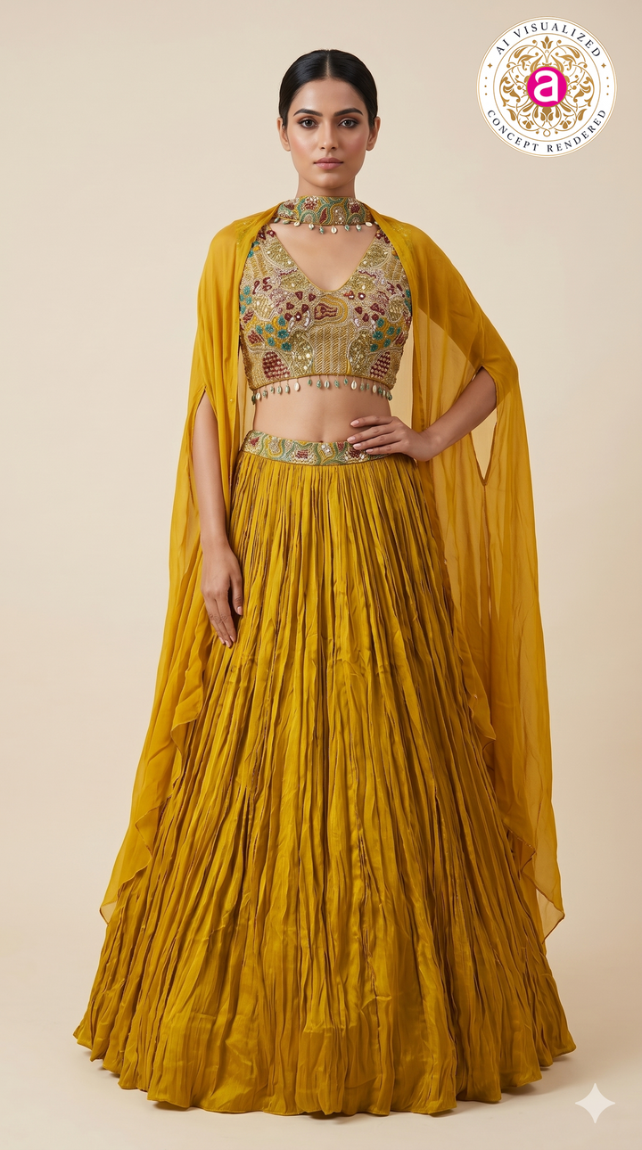 Mustard Yellow Embroidered Lehenga Set with Cape Sleeves & Choker Detail
