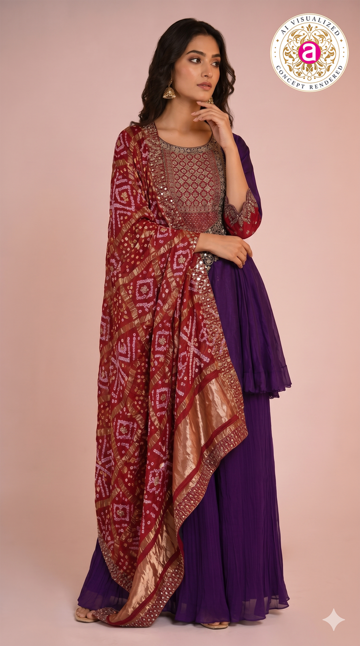Royal Purple Embroidered Designer Sharara Set with Bandhani Dupatta
