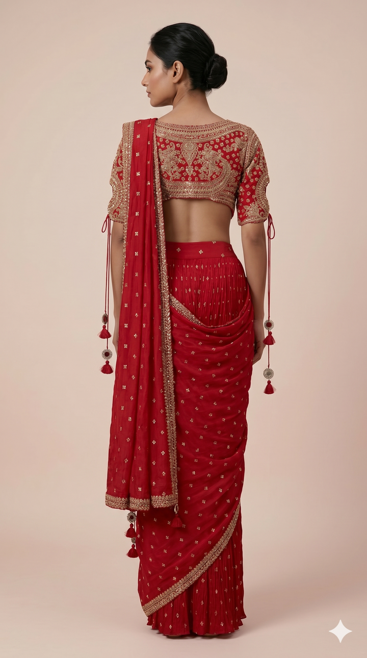 Radiant Red Ready-to-Wear Embroidered Saree with Designer Blouse