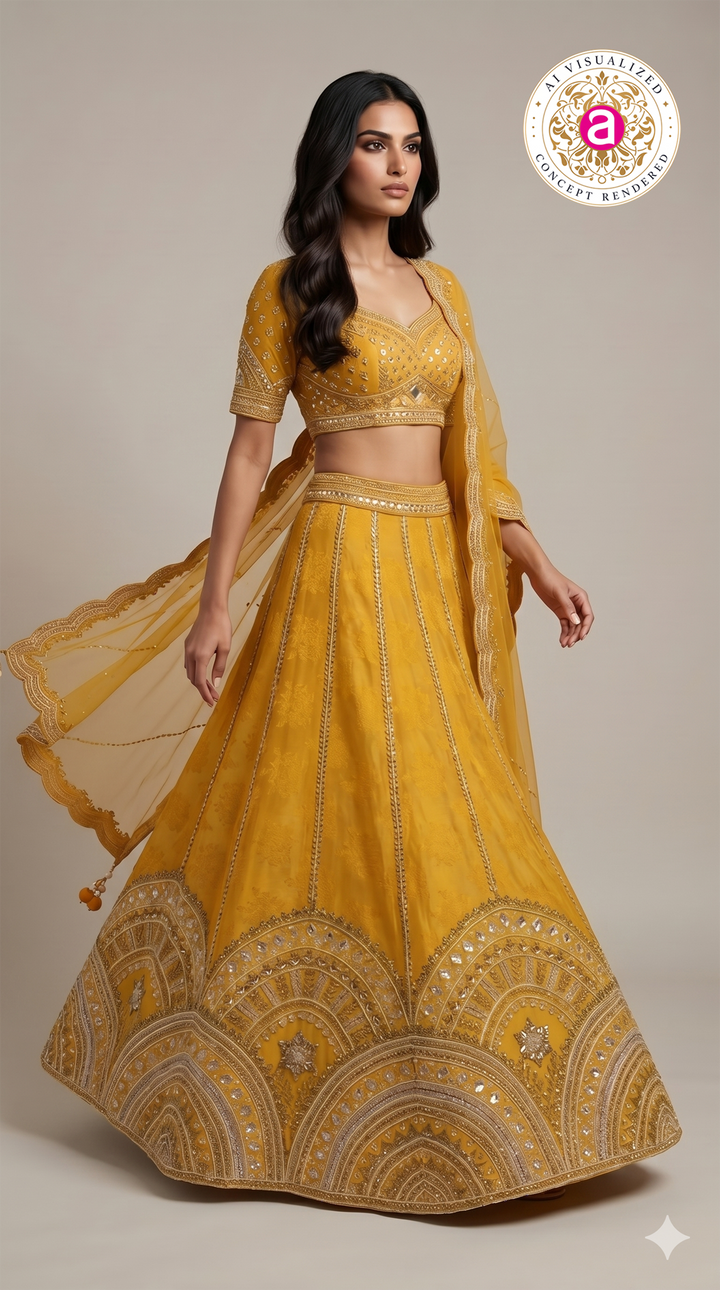 Mustard Yellow Designer Embroidered Lehenga Set with Organza Dupatta