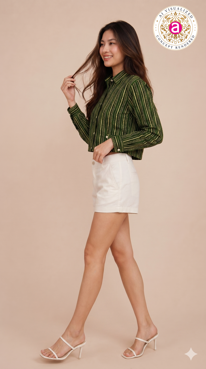 Olive Green Striped Crop Shirt Top