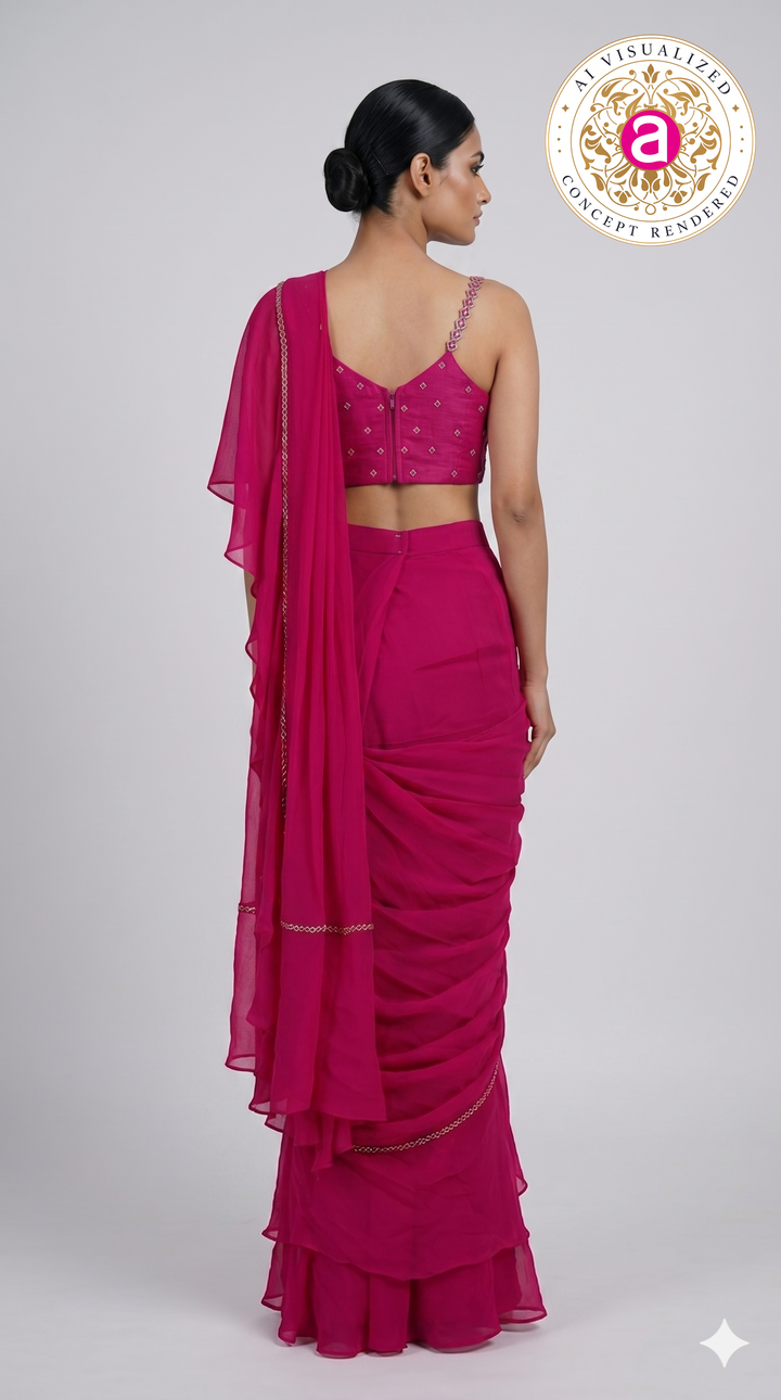 Hot Pink Ruffle Drape Designer Saree with Embellished Blouse