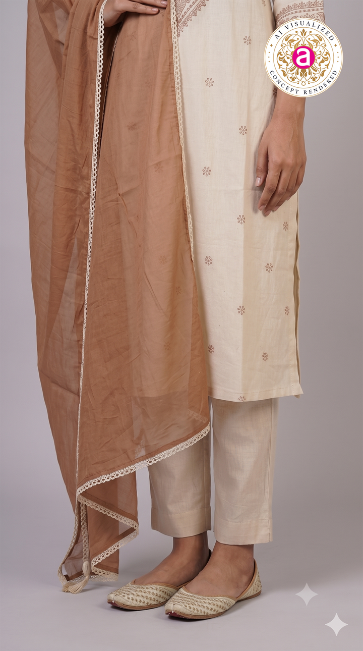 Ivory Embroidered Kurta Pant Set with Dupatta