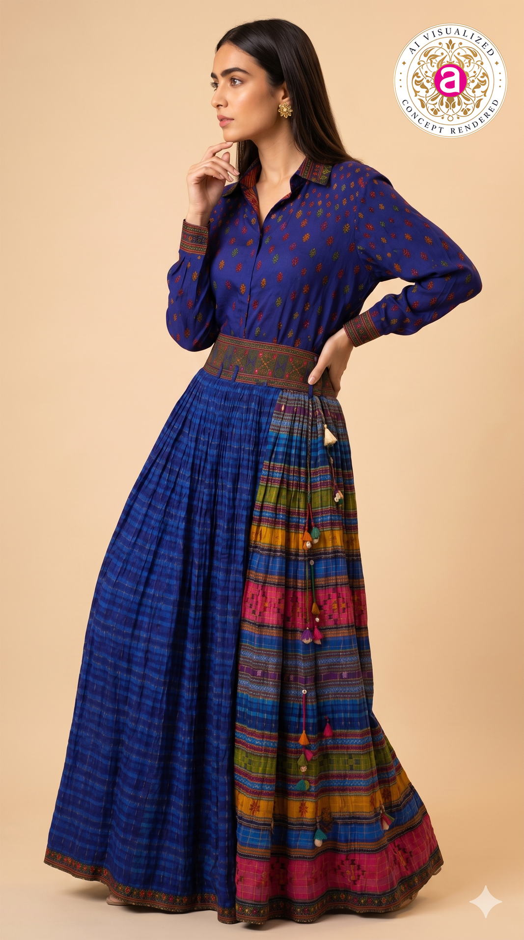 Royal Blue Printed Designer Shirt & Flared Skirt Set