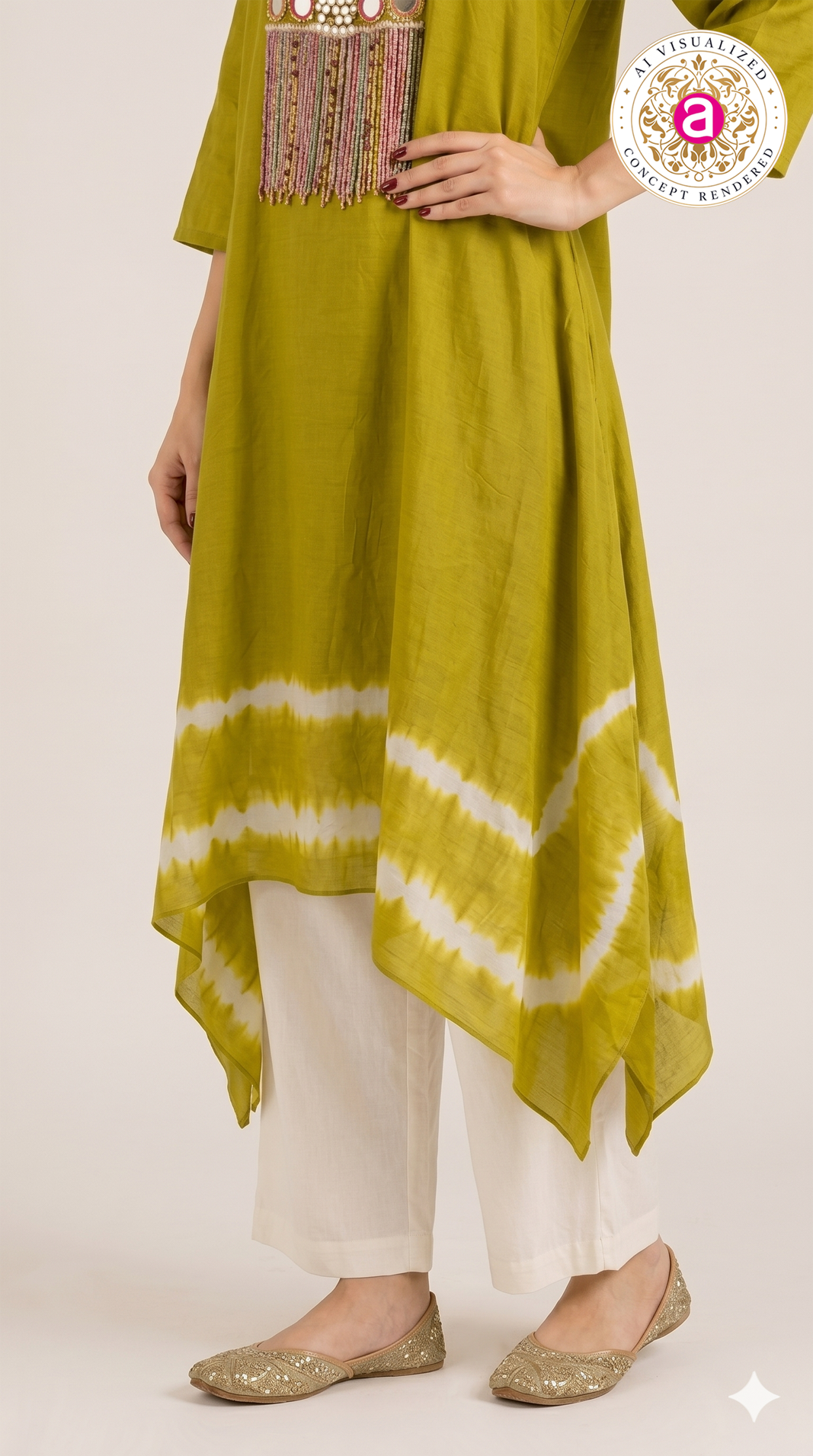 Olive Green Tie-Dye Handwork Kurti with Palazzo Set