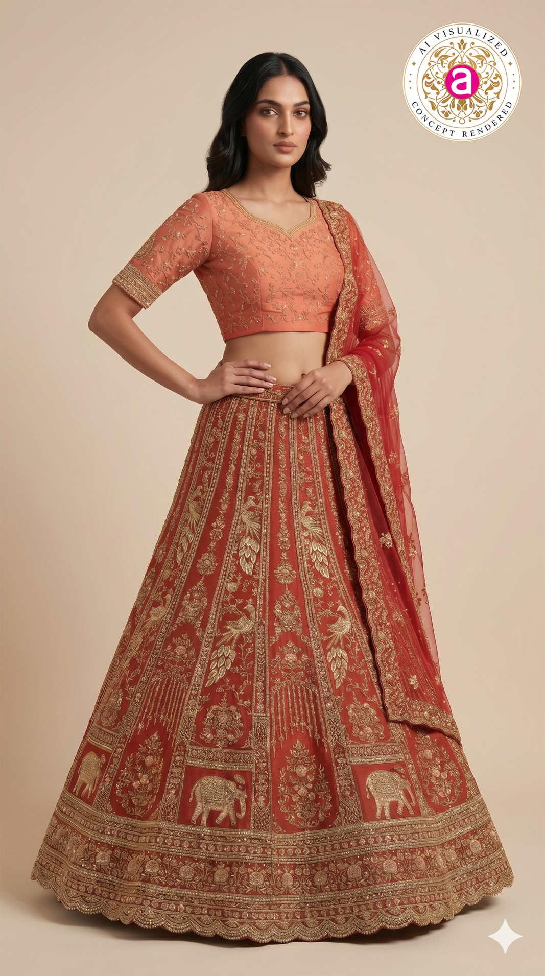 Royal Rust Orange Bridal Lehenga Set with Heritage Zari Embroidery & Net Dupatta