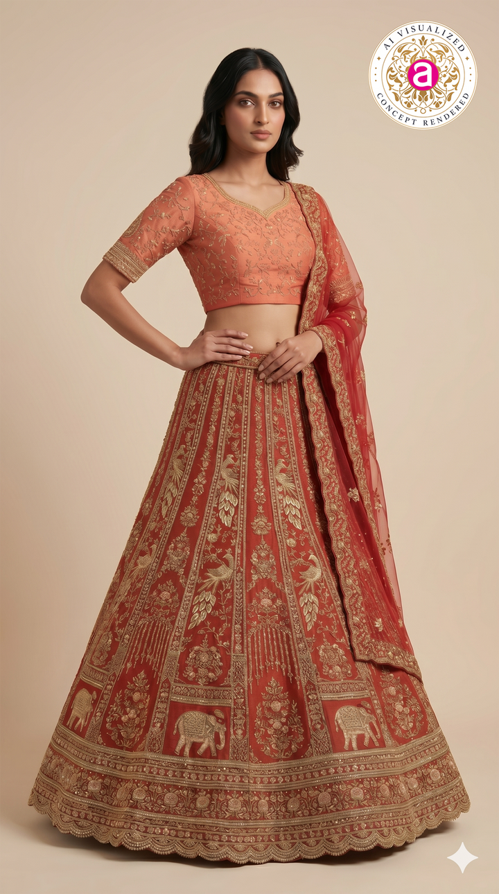 Royal Rust Orange Bridal Lehenga Set with Heritage Zari Embroidery & Net Dupatta