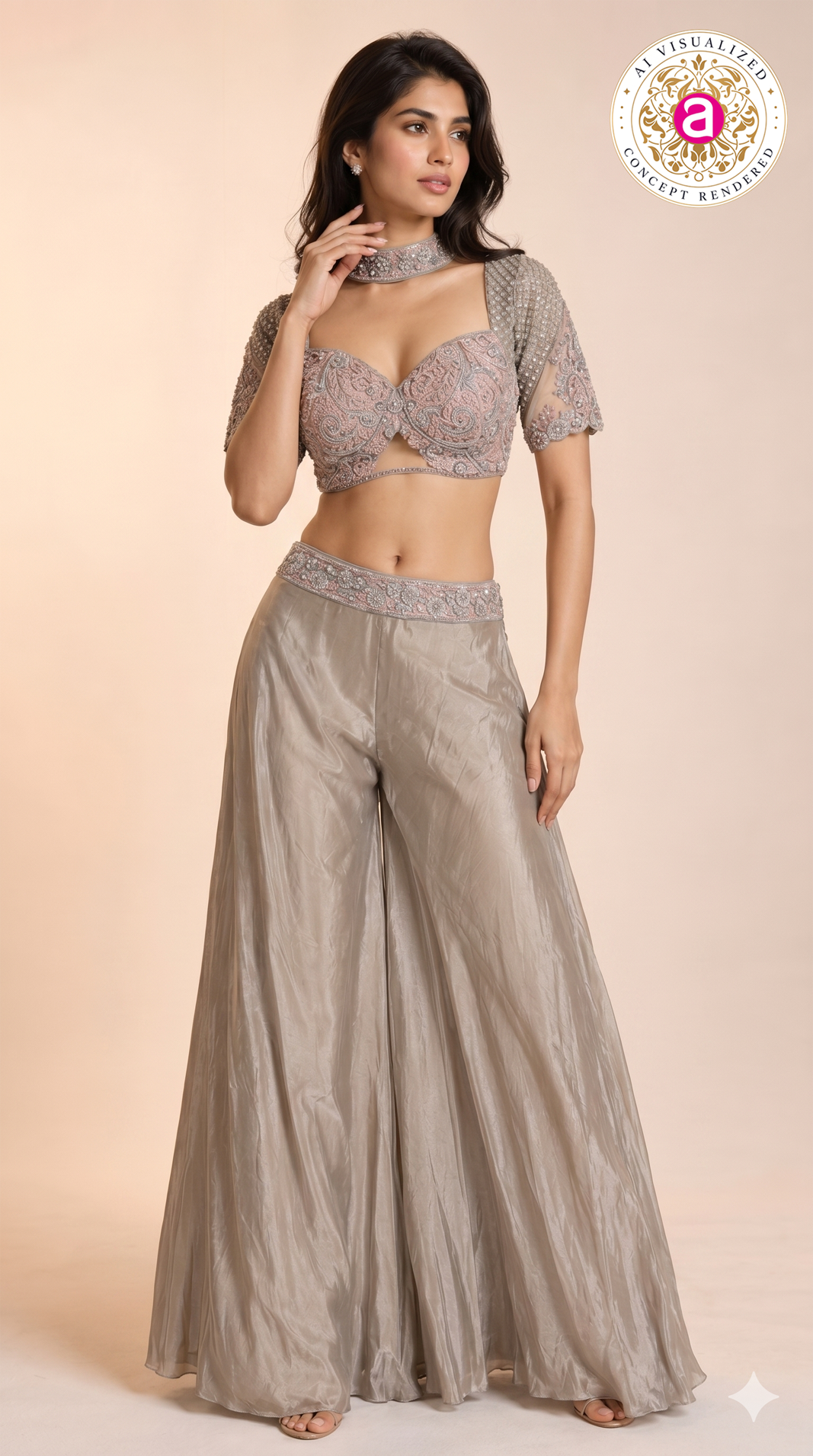 Dusty Rose Embellished Crop Top & Flared Palazzo Set