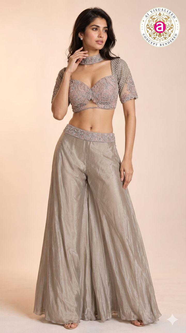 Dusty Rose Embellished Crop Top & Flared Palazzo Set