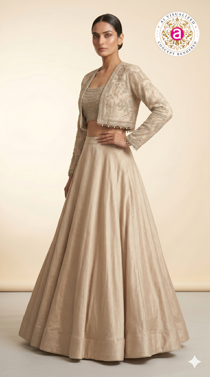 Champagne Beige Embroidered Lehenga Set with Jacket