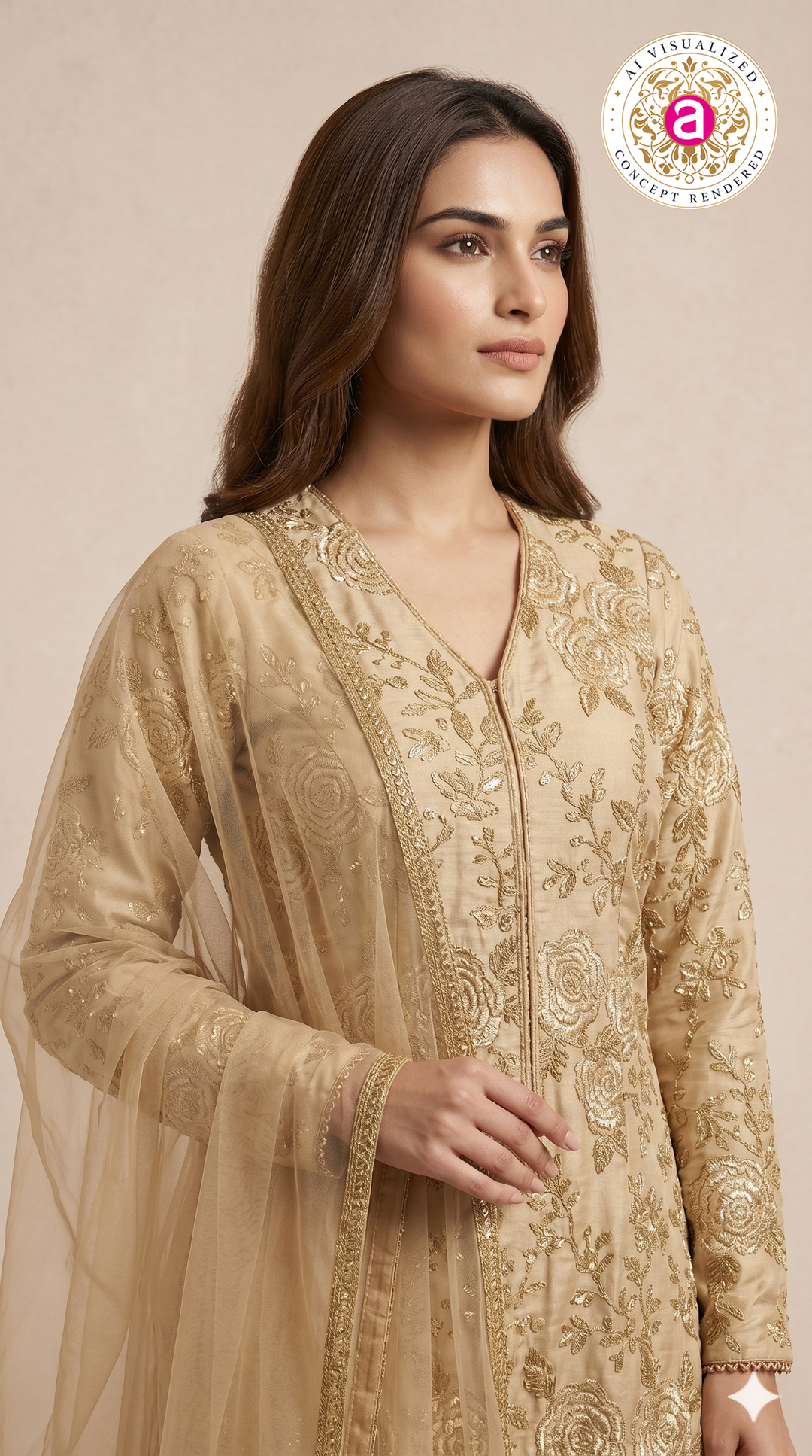 Champagne Beige Floral Embroidered Straight Kurta Set with Organza Dupatta