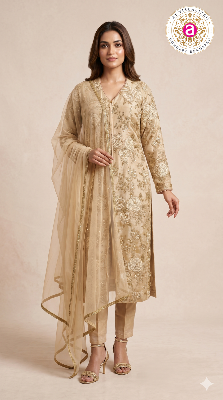 Champagne Beige Floral Embroidered Straight Kurta Set with Organza Dupatta