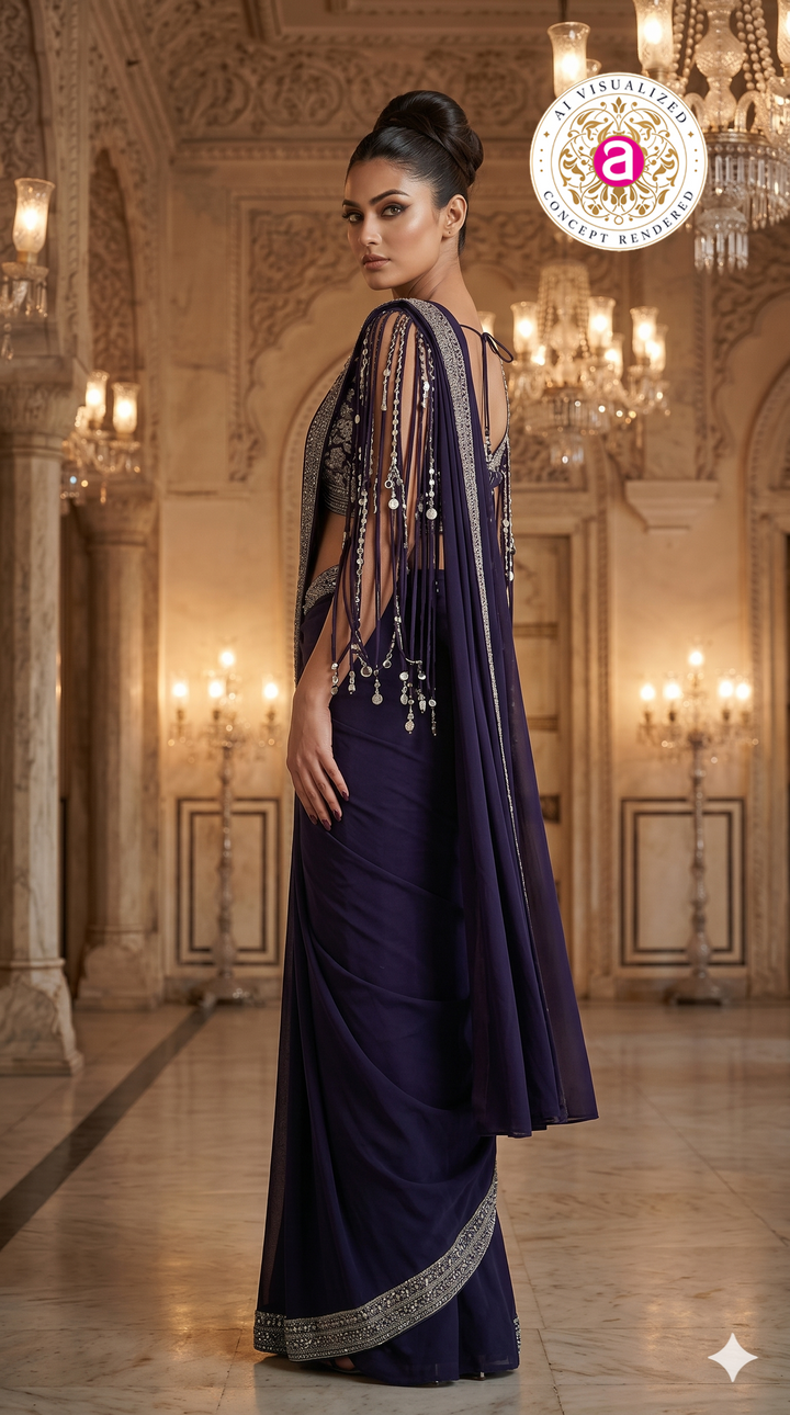 Midnight Purple Designer Saree with Embellished Fringe Blouse & Sequins Border