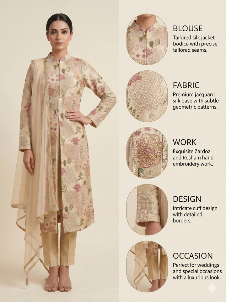 Blush Ivory Floral Embroidered Straight Suit SetBlush Ivory Floral Embroidered Straight Suit Set