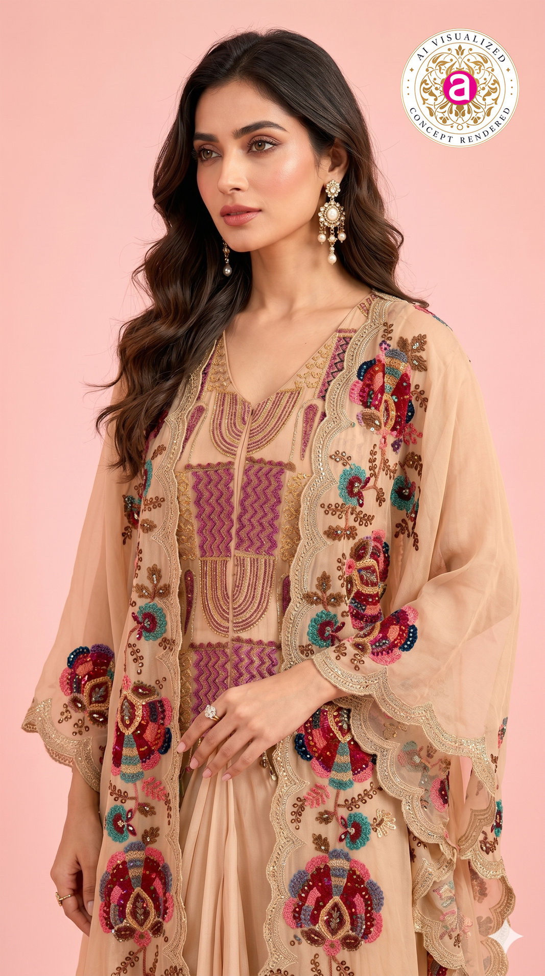 Peach Embroidered Palazzo Set with Handwork Cape Dupatta