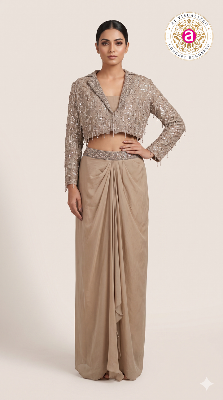 Champagne Beige Embroidered Lehenga Set with Jacket
