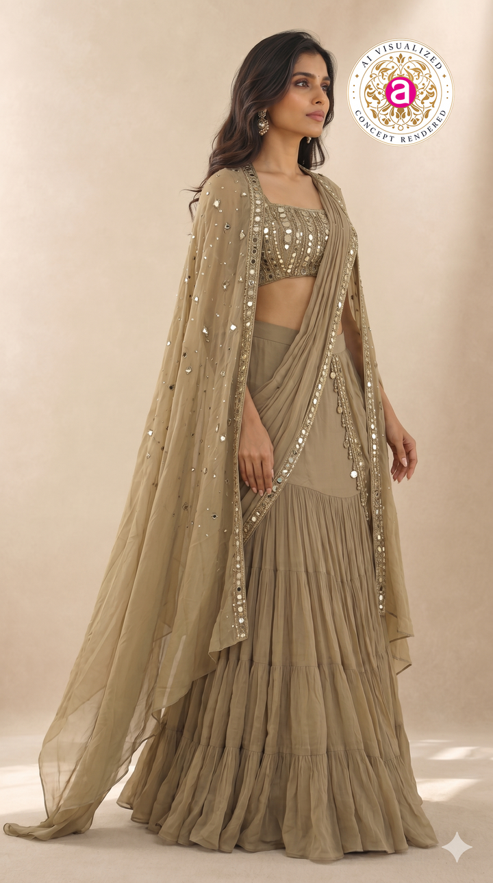 Olive Taupe Ready-to-Wear Draped Saree with Mirror Embellished Blouse & Cape
