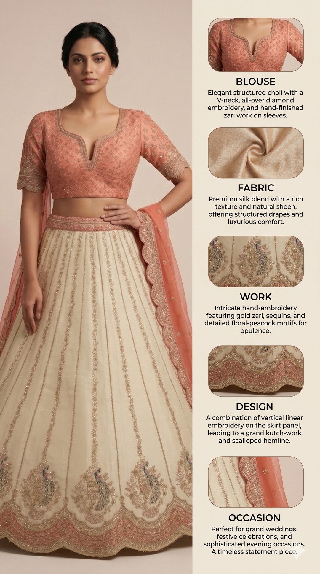 Ivory White & Blush Peach Designer Embroidered Lehenga Set with Organza Dupatta