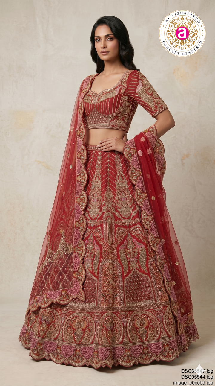 Royal Maroon Bridal Lehenga Set with Heritage Zari Embroidery & Designer Scalloped Net Dupatta
